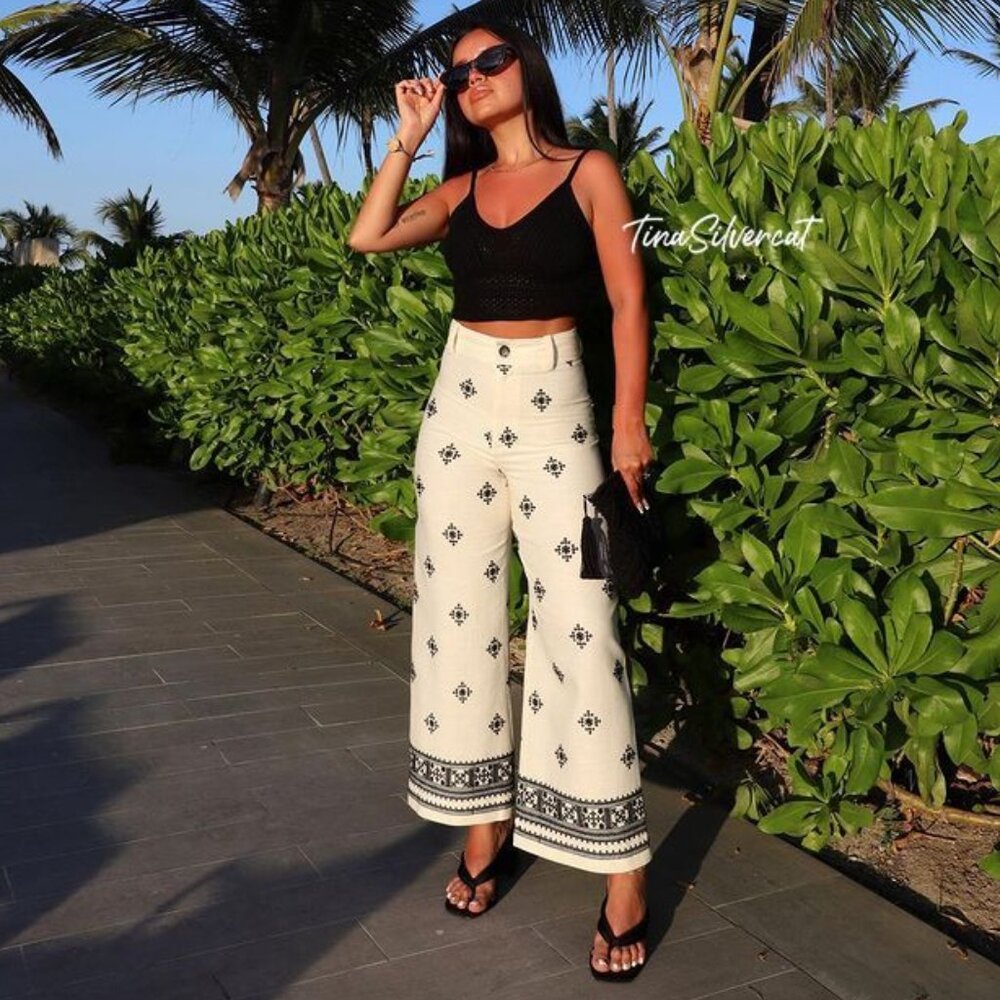Zara Linen Blend Printed Pants White Black Sz XL NWT - Picture 3 of 16